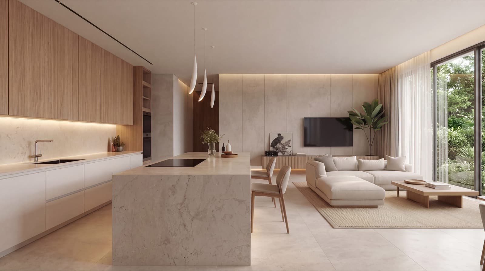 Holser Carré – Küche und Wohnbereich mit Marmor-Kochinsel